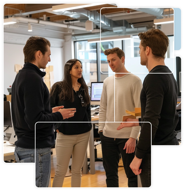 Four people standing and discussing in an office